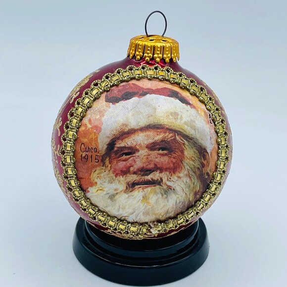1992 Santa Claus Painted Silk Glass Ball Christmas Tree Ornament Gold Glitter - Picture 1 of 6